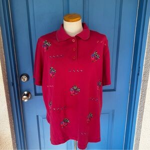 Vintage Alfred Dunner 2x Poly-cotton Blend Pink Tropical Embroidered Polo Shirt